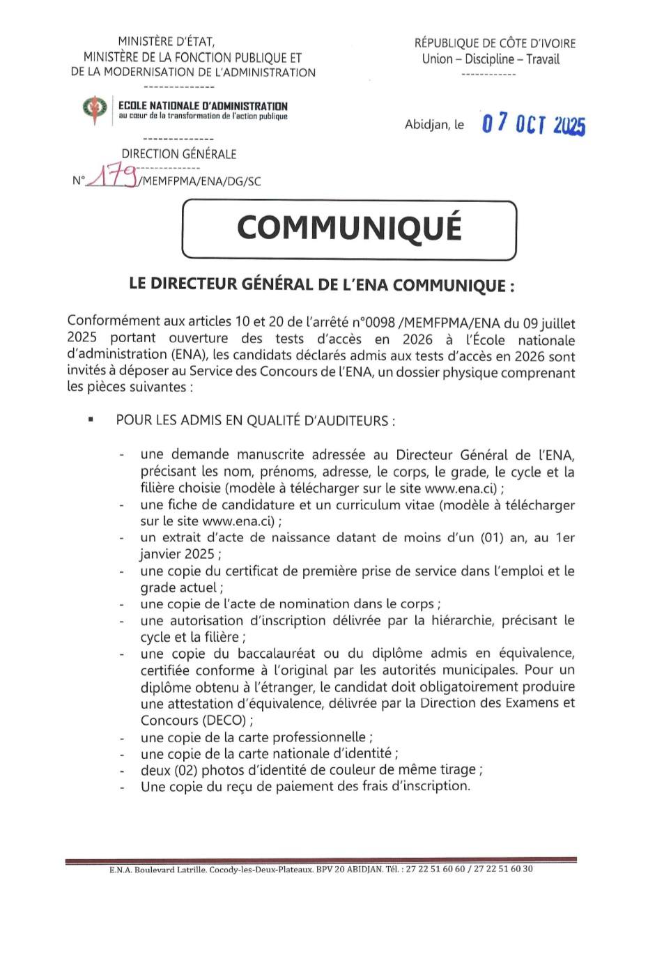 Dépôt des dossiers physiques des admis aux concours ENA 2026 en Côte d'Ivoire du 14 au 16 octobre 2025 : voici la liste des pièces à fournir