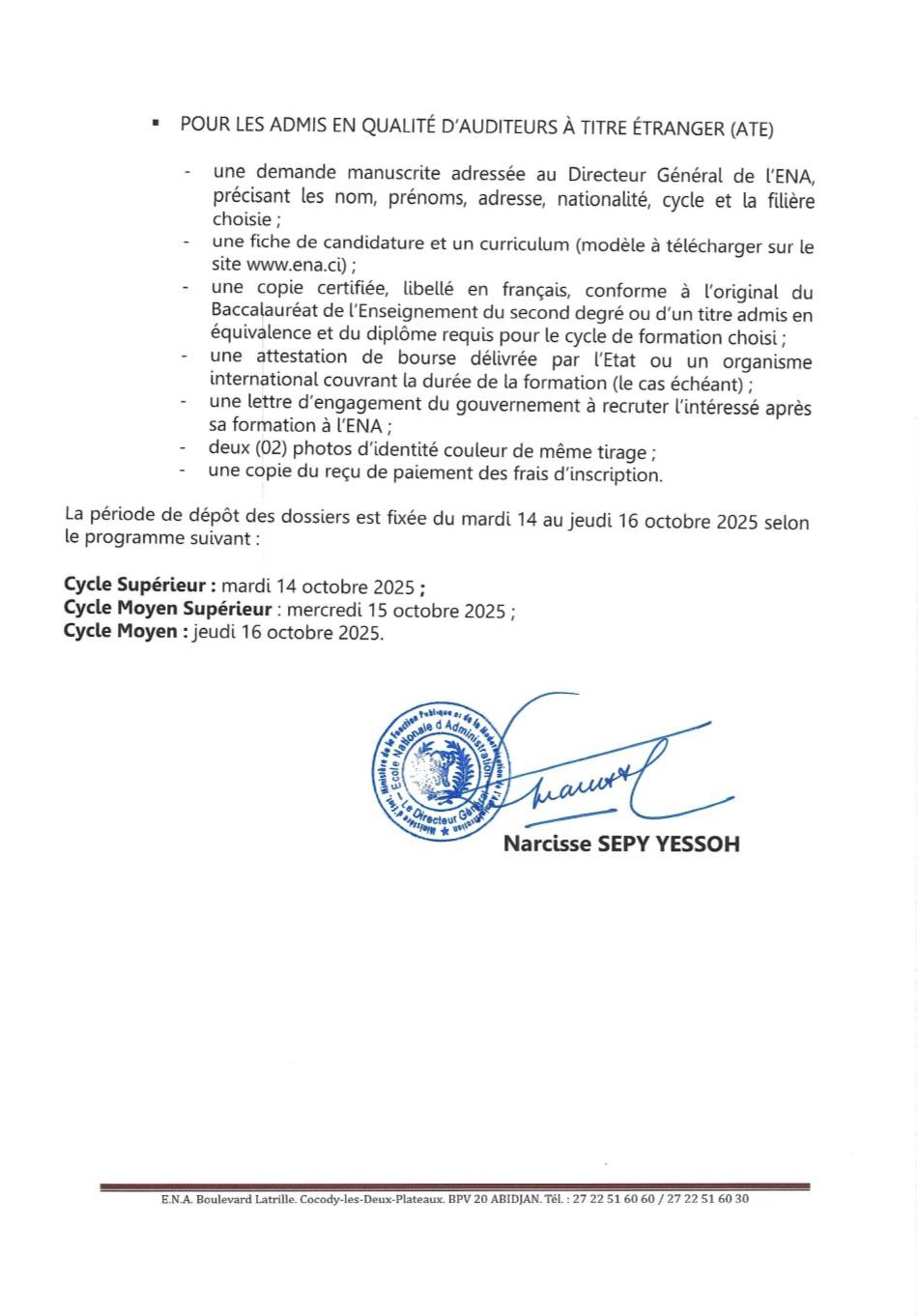 Dépôt des dossiers physiques des admis aux concours ENA 2026 en Côte d'Ivoire du 14 au 16 octobre 2025 : voici la liste des pièces à fournir