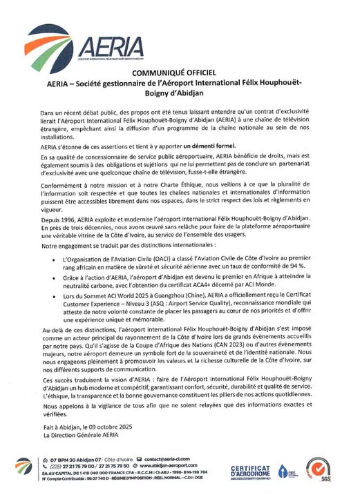Contrat TV à l'aéroport Félix Houphouët-Boigny d'Abidjan : l'AERIA sort du silence et dément
