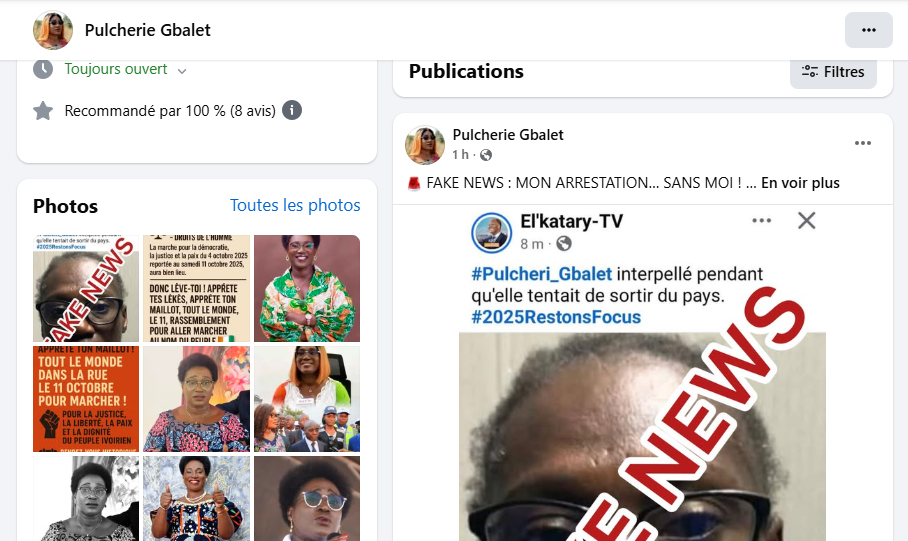 Pulchérie Gbalet arrêtée pour la marche du 11 octobre ? : "Mon arrestation, c'est une fake news"