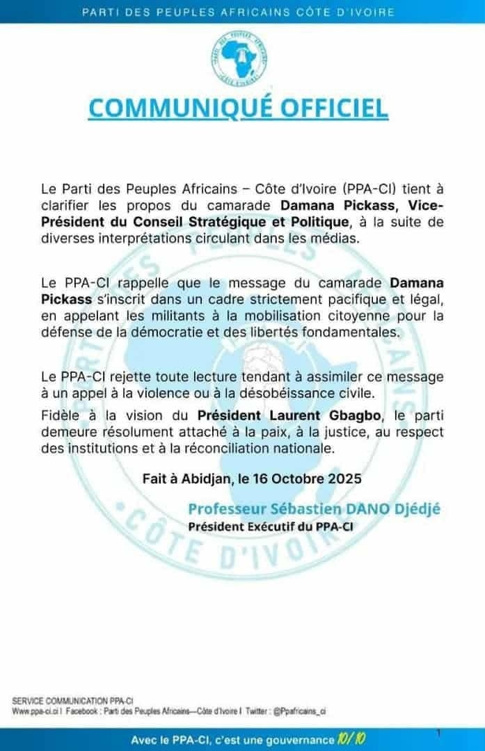 Le PPA-CI de Gbagbo désavoue Damana Pickass et rejette l'appel à la violence