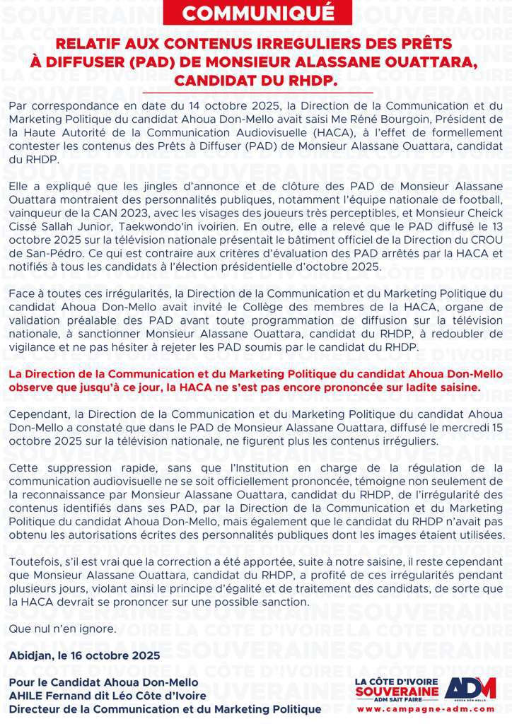 Alassane Ouattara : ses spots de campagne contestés, Don Mello attend les sanctions de la HACA