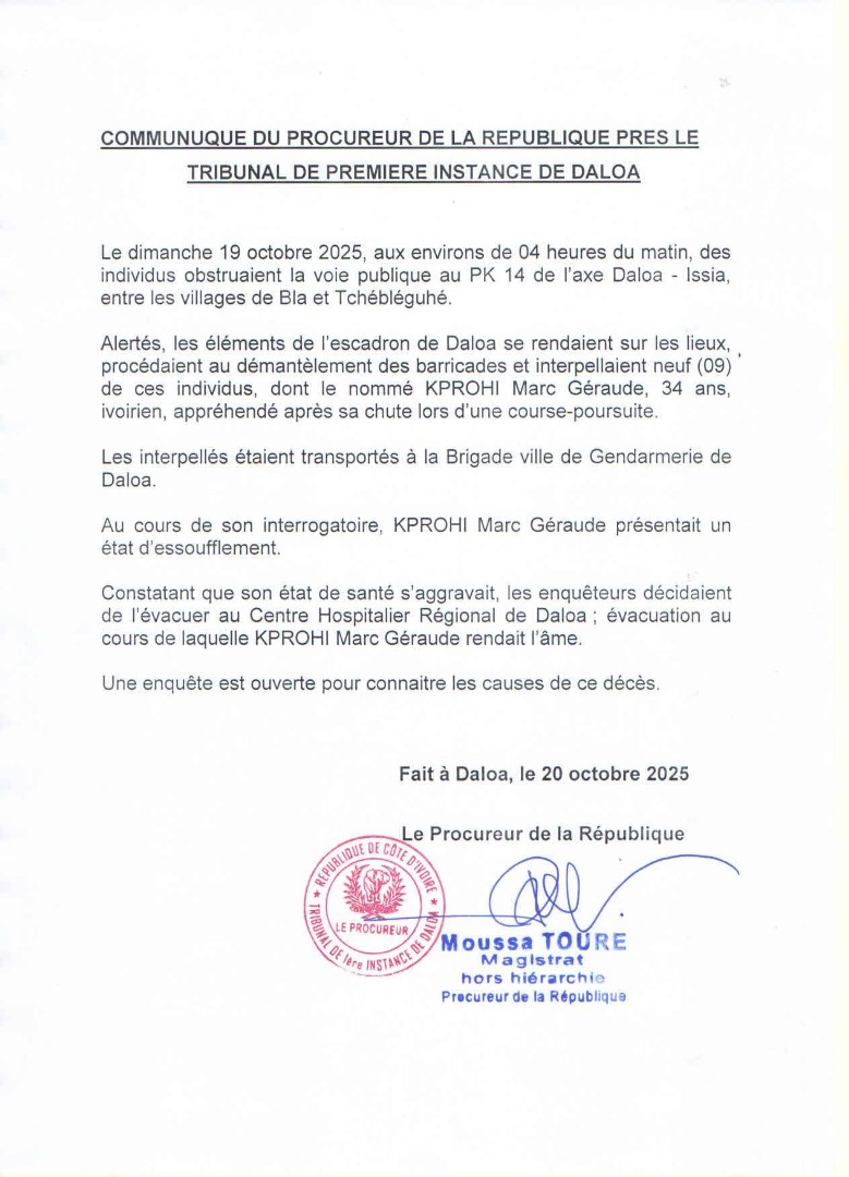 Un mort de plus dans les manifestations liées au 4e mandat de Ouattara à Daloa