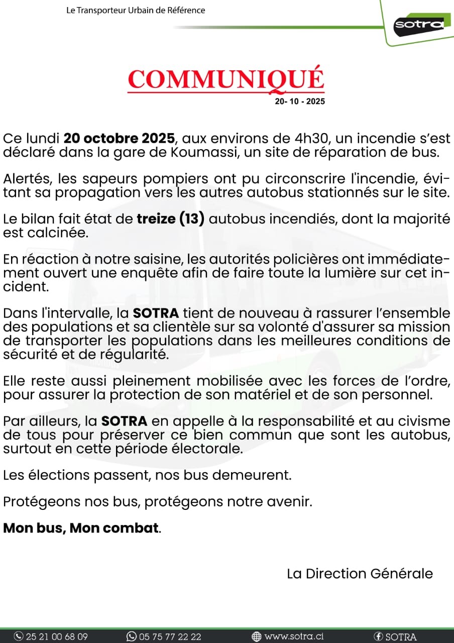 Un incendie détruit 13 bus SOTRA à Koumassi ce lundi