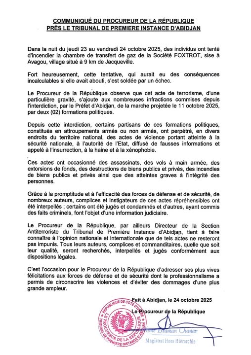 Attentat manqué contre une usine de gaz à Avagou, Jacqueville
