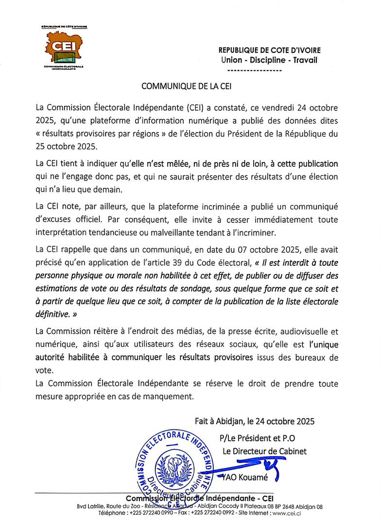 Résultats provisoires de la présidentielle 2025 en Côte d'Ivoire publiés par Abidjan.net : la CEI réagit et fait des précisions Résultats provisoires de la présidentielle 2025 en Côte d'Ivoire publiés par Abidjan.net : la CEI réagit et fait des précisions