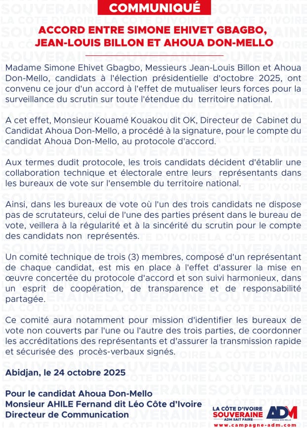 Présidentielle 2025 : Accord électoral signé entre Simone Gbagbo, Billon et Don Mello avant le vote du 25 octobre Présidentielle 2025 : Accord électoral signé entre Simone Gbagbo, Billon et Don Mello avant le vote du 25 octobre