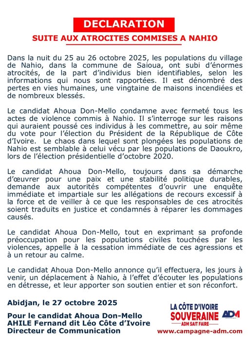 Violences à Nahio : Ahoua Don Mello condamne les atrocités et demande une enquête Violences à Nahio : Ahoua Don Mello condamne les atrocités et demande une enquête