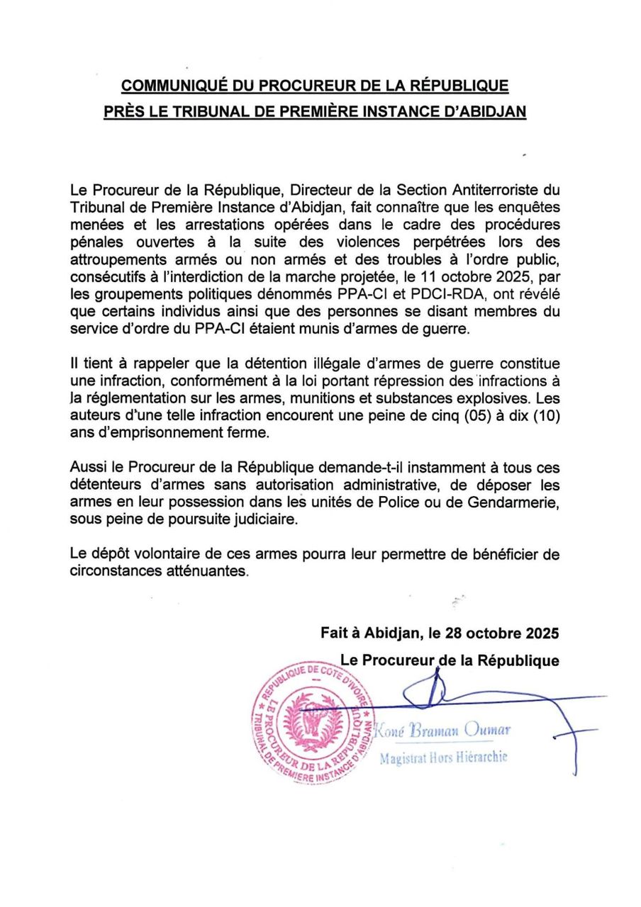 Marche interdite du 11 octobre : des militants du PPA-CI arrêtés avec des armes de guerre révèle le Procureur Marche interdite du 11 octobre : des militants du PPA-CI arrêtés avec des armes de guerre révèle le Procureur