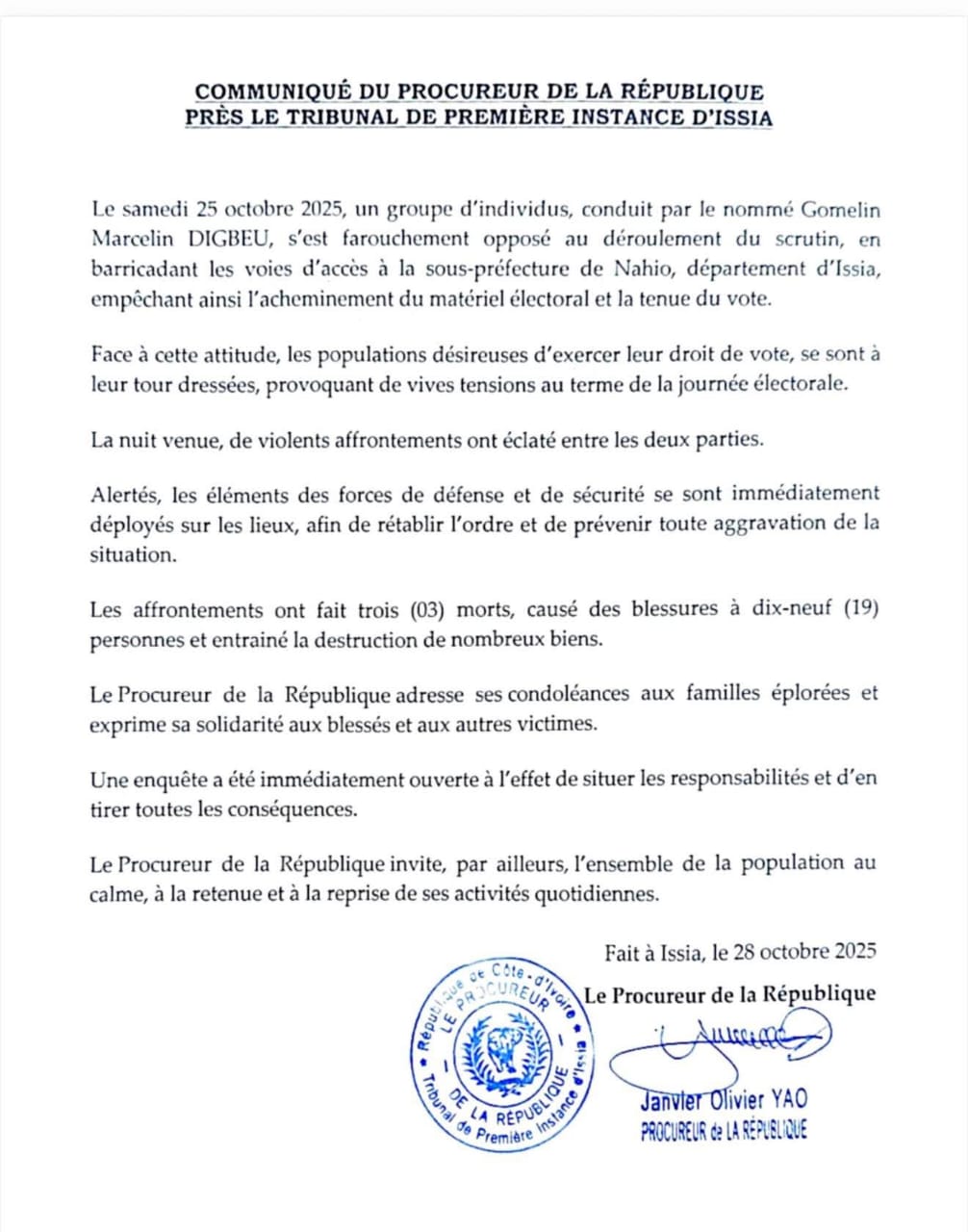 Trois morts et 19 blessés à Issia lors de la présidentielle du 25 octobre 2025 : les précisions du procureur 