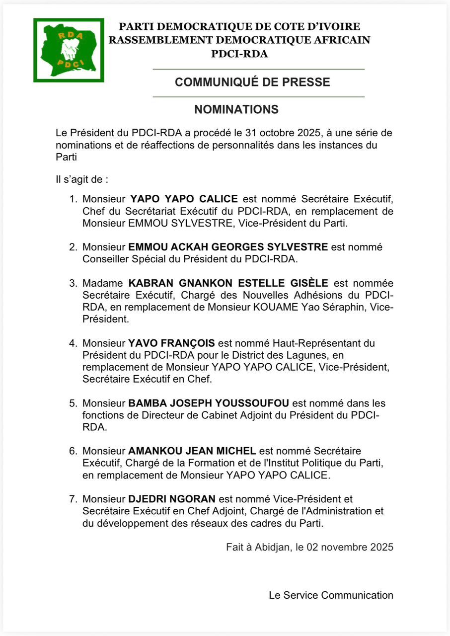 Yapo Yapo Calice nommé Chef du Secrétariat Exécutif du PDCI-RDA : il remplace Emmou Sylvestre