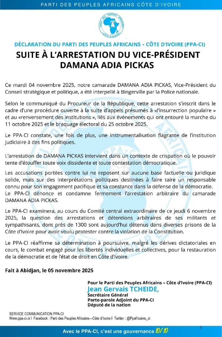 Arrestation de Damana Pickas, le PPA-CI dénonce une "instrumentalisation flagrante" de la justice