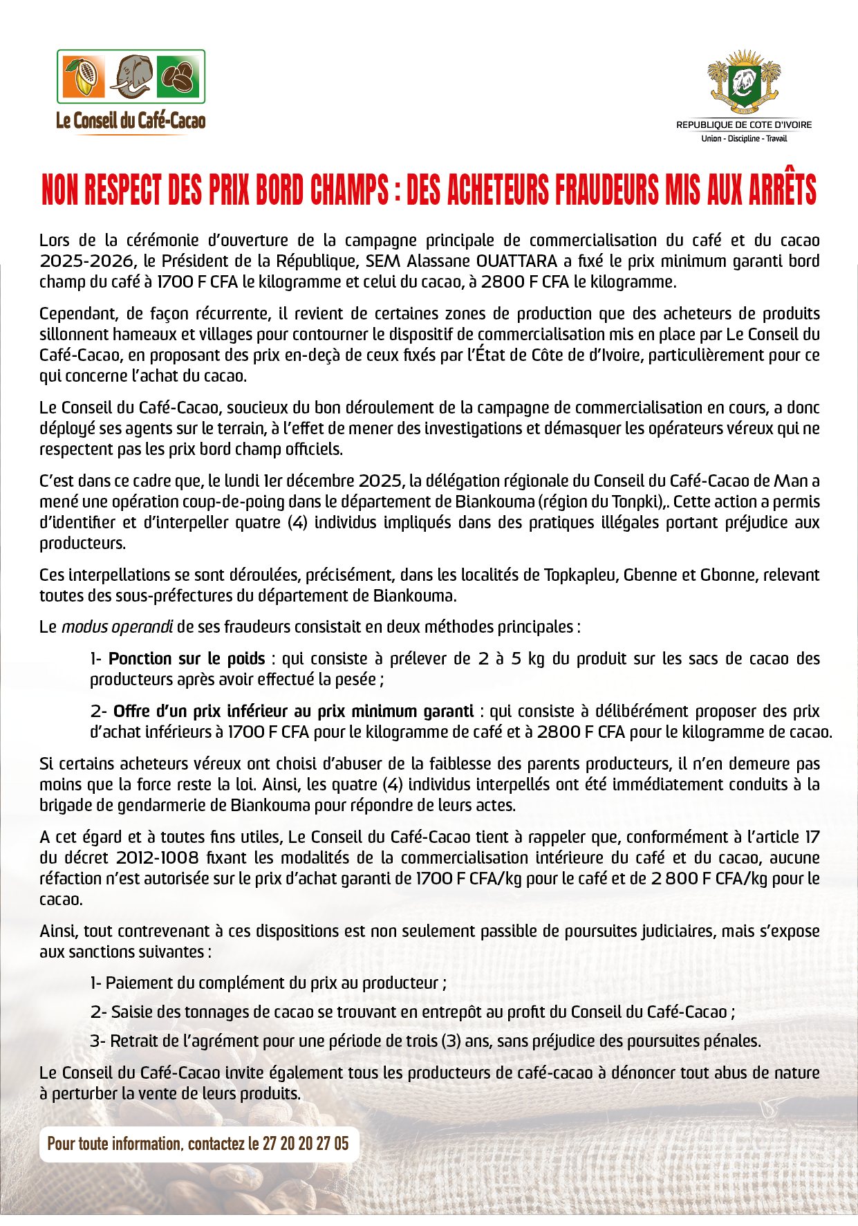Non respect des prix du Café - cacao en Côte d'Ivoire : 4 acheteurs arrêtés dans le Tonpki
