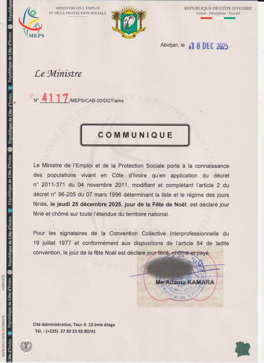 Noël 2025 en Côte d'Ivoire, jeudi 25 décembre jour férié chômé et payé