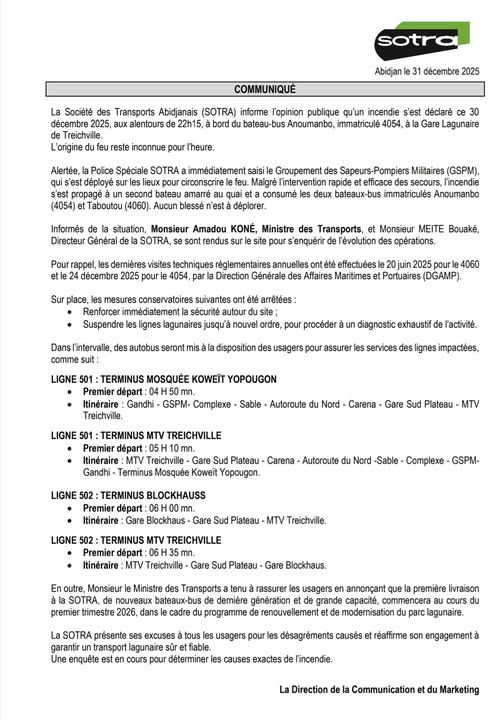 Deux bateaux-bus de la SOTRA incendiés à la gare de Treichville