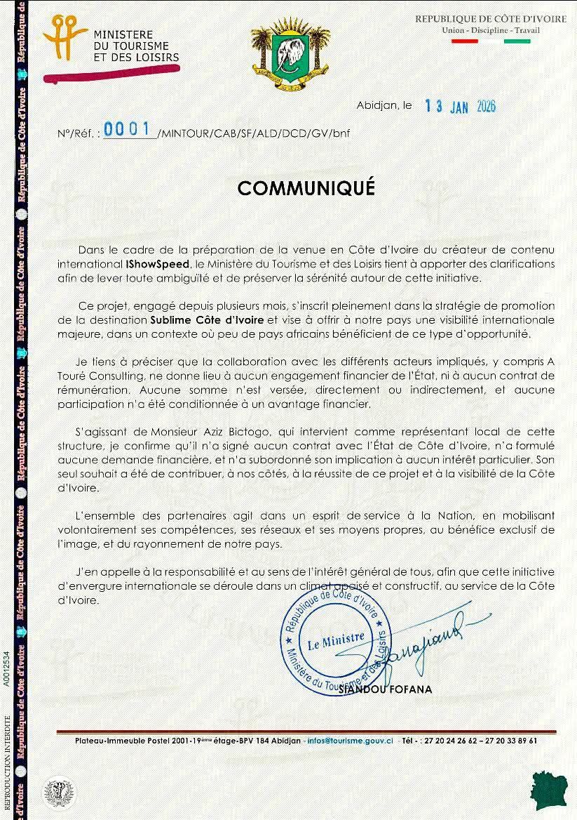 IShowSpeed en Côte d'Ivoire : le gouvernement ivoirien dément tout financement