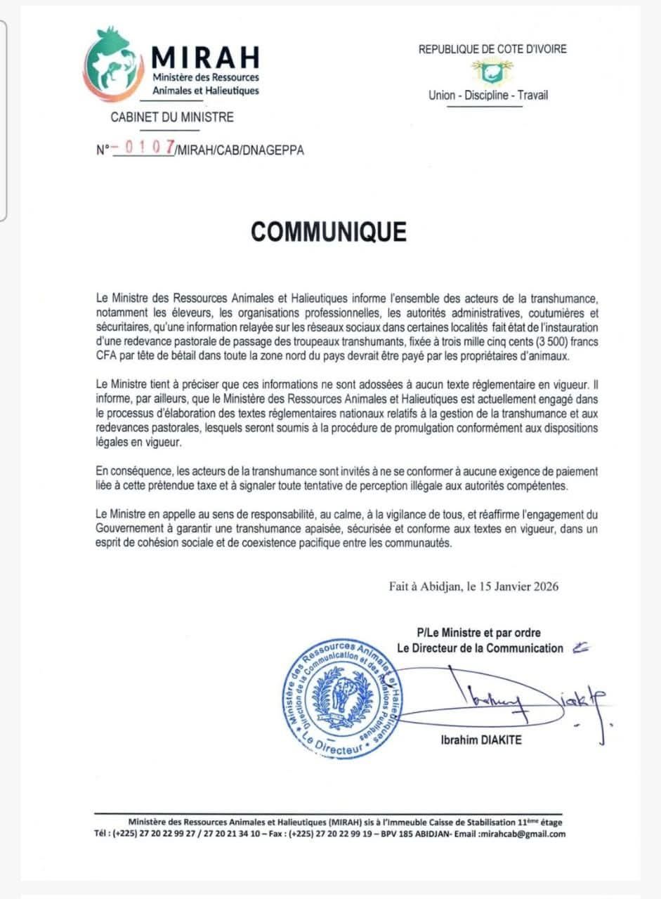 Transhumance en Côte d'Ivoire, le ministère des Ressources Animales dément l'instauration d'une taxe de 3 500 FCFA