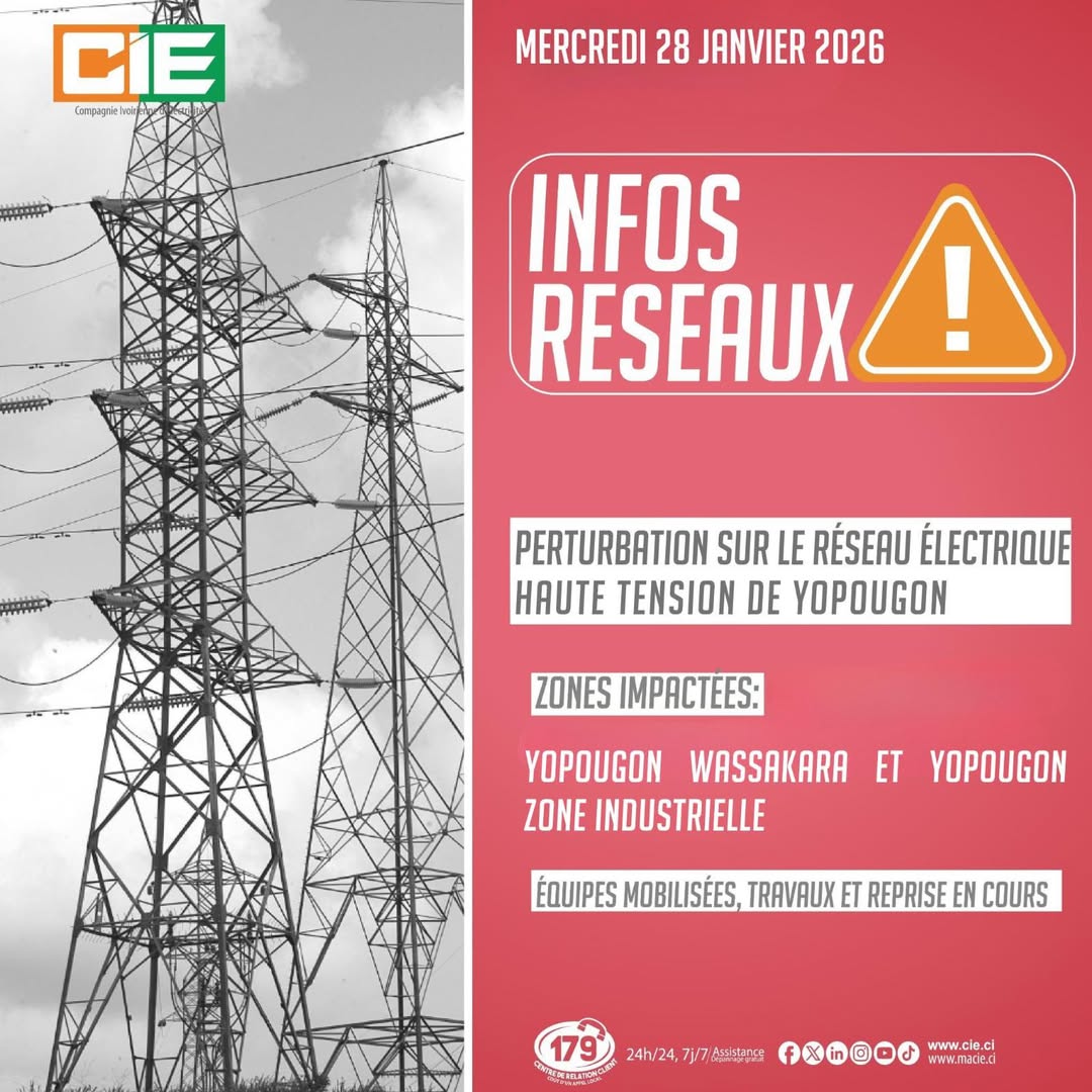 Coupure d'électricité à Yopougon annonce la CIE ce mercredi