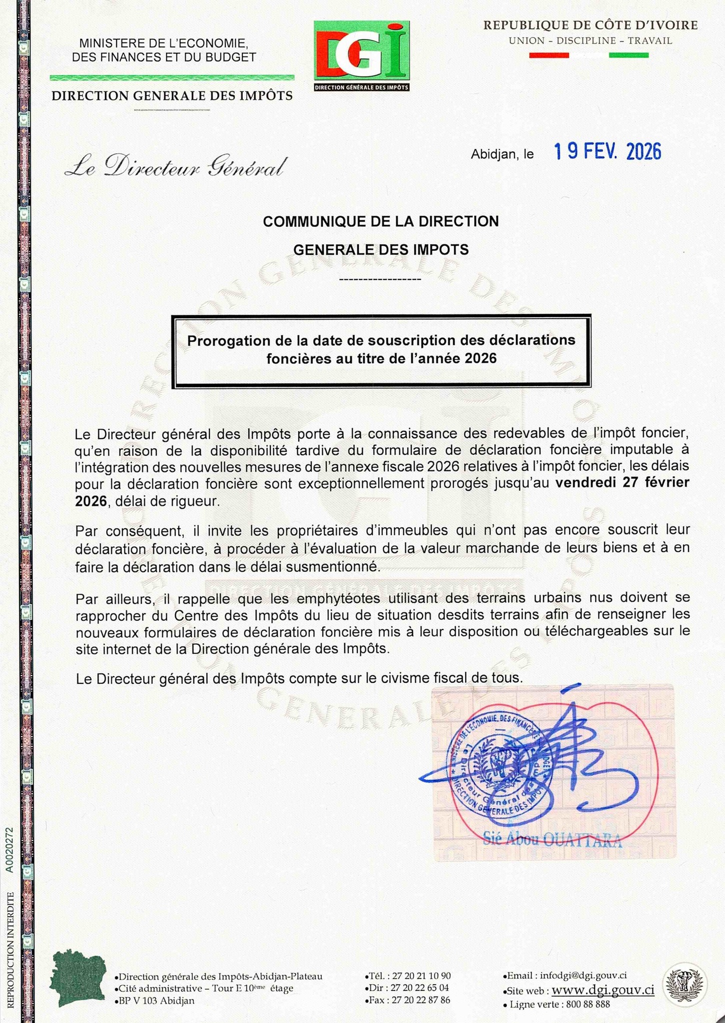 Impôt foncier en Côte d'Ivoire 2026, report de la date limite : tout savoir 