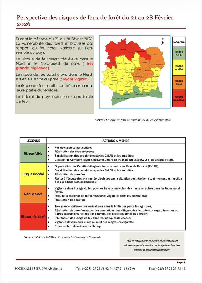 Feux de forêt 2026 en Côte d'Ivoire : la SODEXAM place le Nord en vigilance rouge du 21 au 28 février 