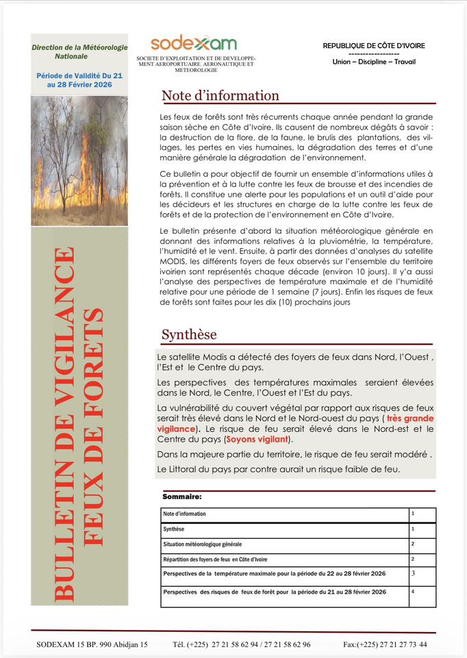 Feux de forêt 2026 en Côte d'Ivoire : la SODEXAM place le Nord en vigilance rouge du 21 au 28 février 