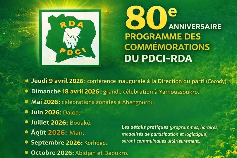 Programme des 80 ans du PDCI‑RDA : le parti cale son calendrier 2026 (Crédit photo d'illustration DR