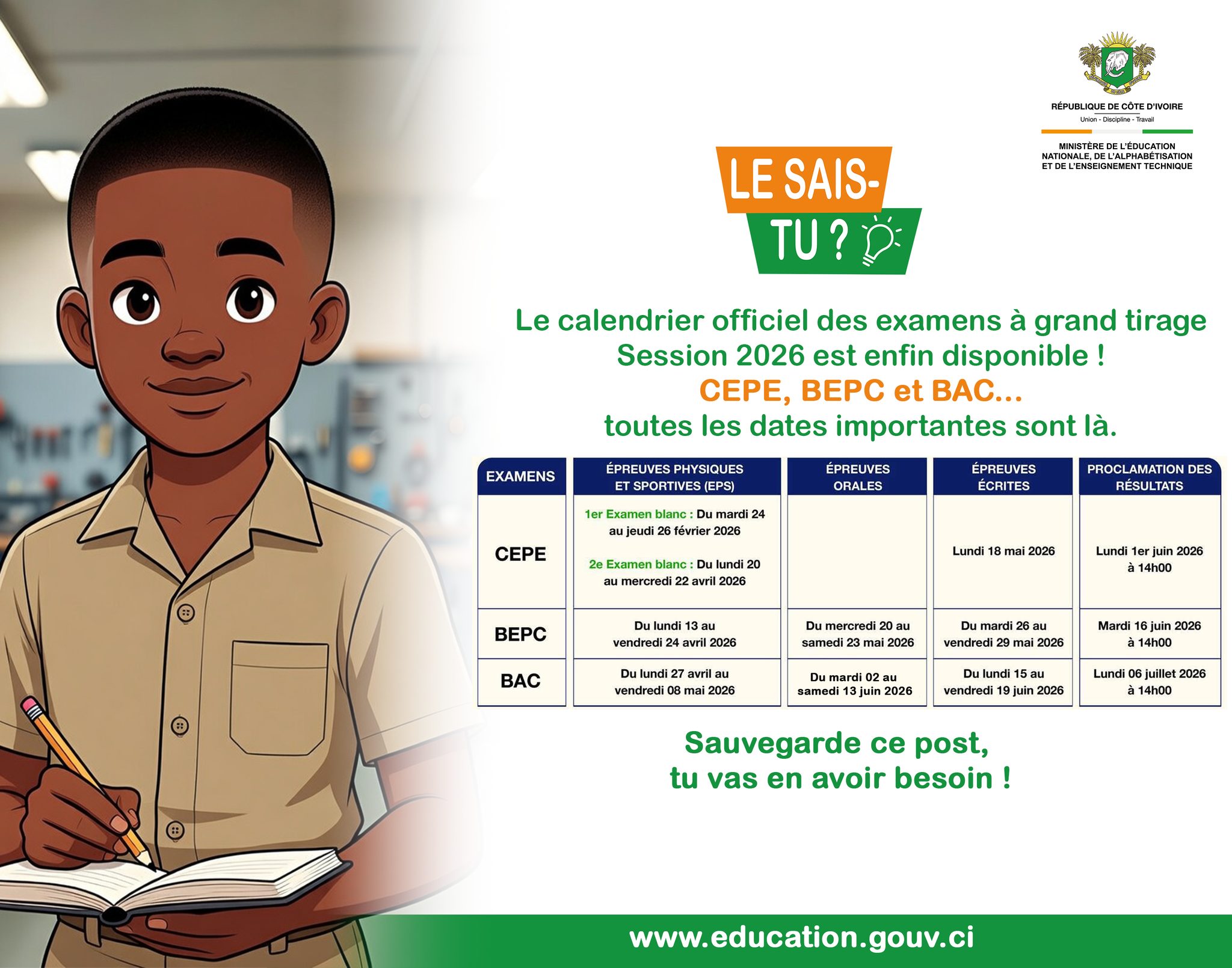 Dates examens et résultats CEPE, BEPC et BAC 2026 en Côte d'Ivoire © Crédit photo DR - Yessouan.ci