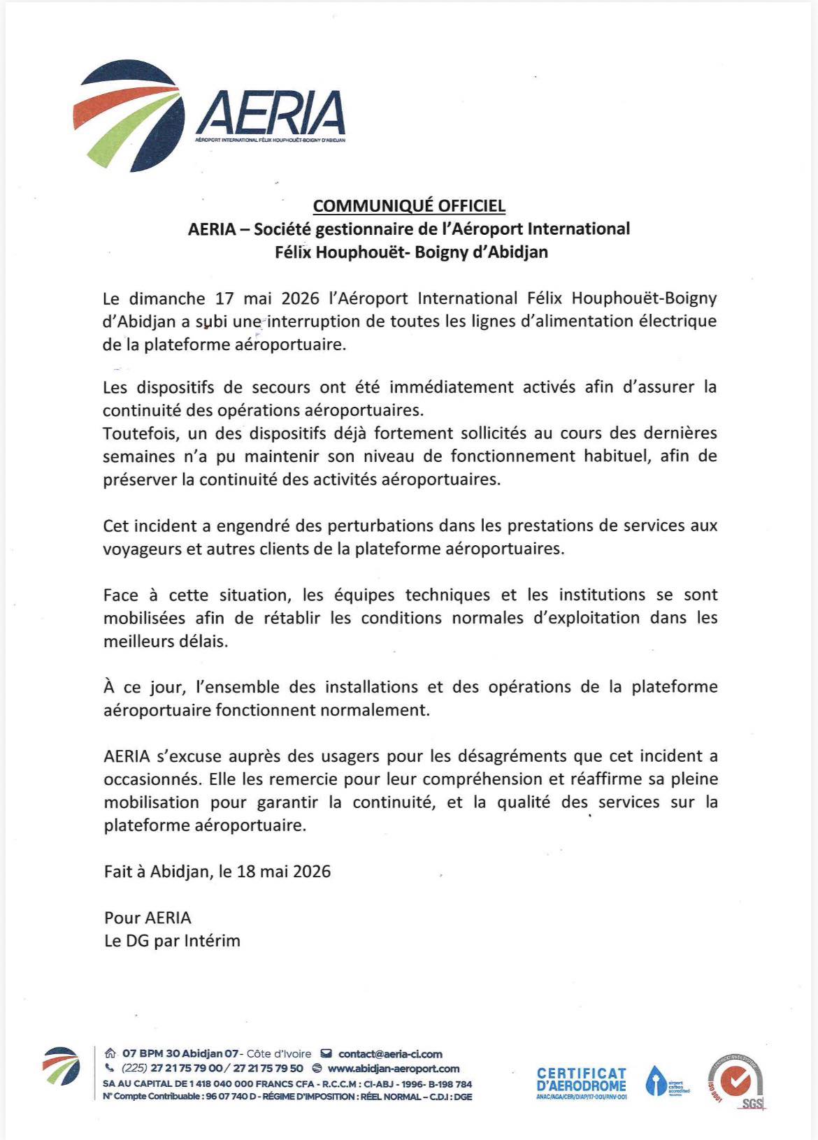 Panne à l'aéroport d'Abidjan : l'AERIA se prononce