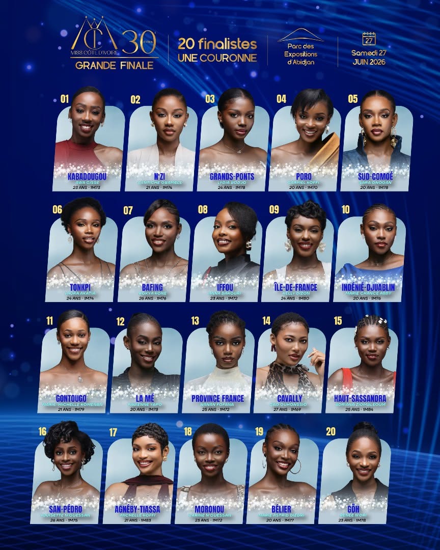 Finale Miss Côte d'Ivoire 2026 le 27 juin : découvrez les 20 finalistes