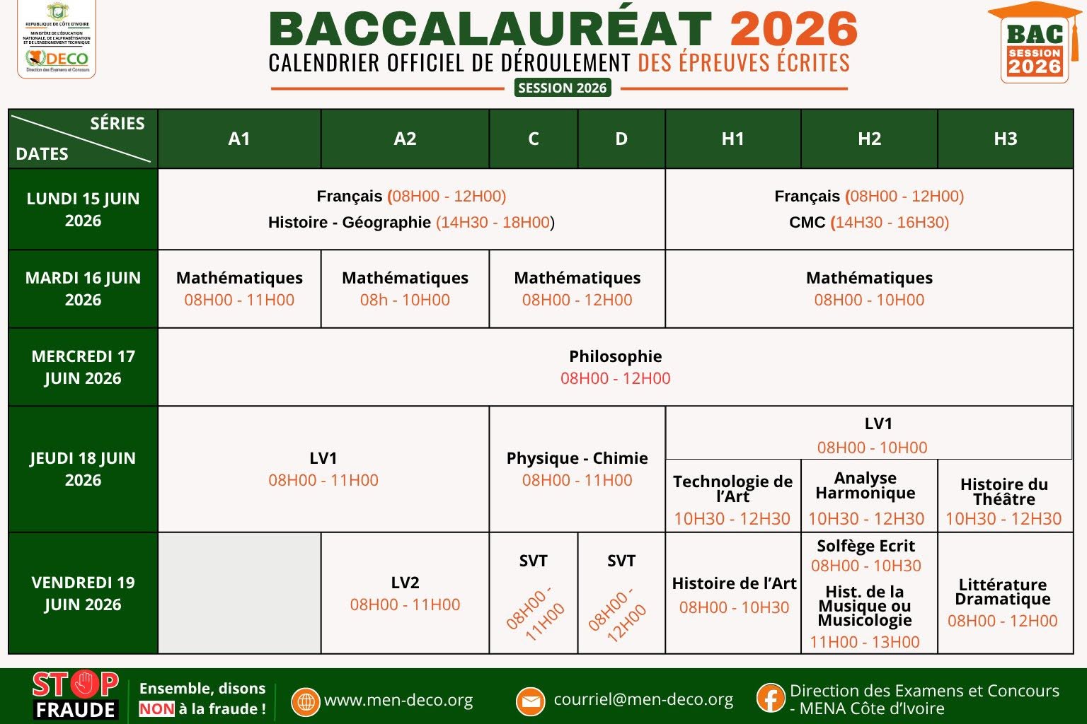 BAC 2026 CI programme des épreuves par série © Crédit photo DR