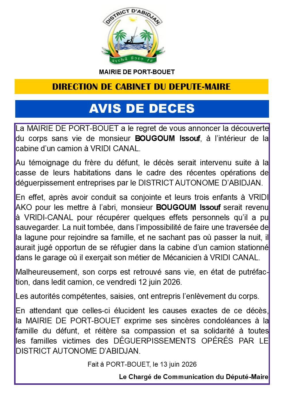 Port-Bouët, un déplacé du déguerpissement retrouvé mort à Vridi Canal