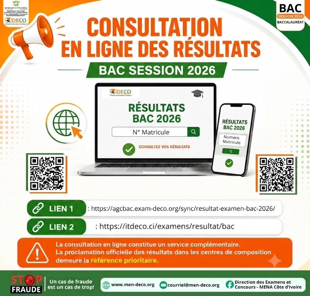 DECO - Résultats BAC technique 2026 CI : liste et noms des admis disponibles dès 14h  © Crédit photo DR