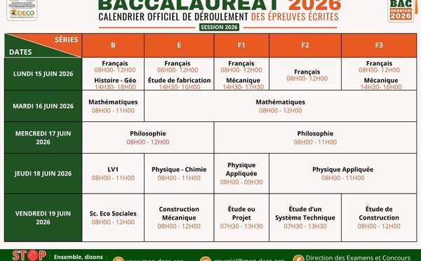 Épreuves BAC 2026 Côte d'Ivoire : voici le programme jour par jour